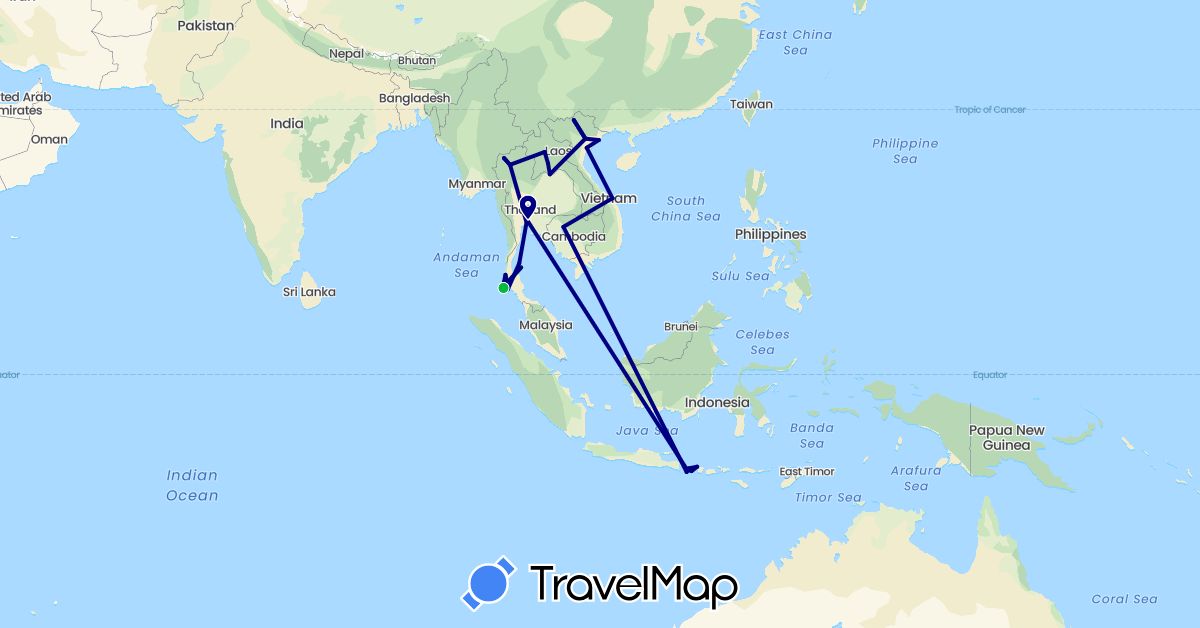 TravelMap itinerary: driving, bus in Indonesia, Cambodia, Laos, Thailand, Vietnam (Asia)